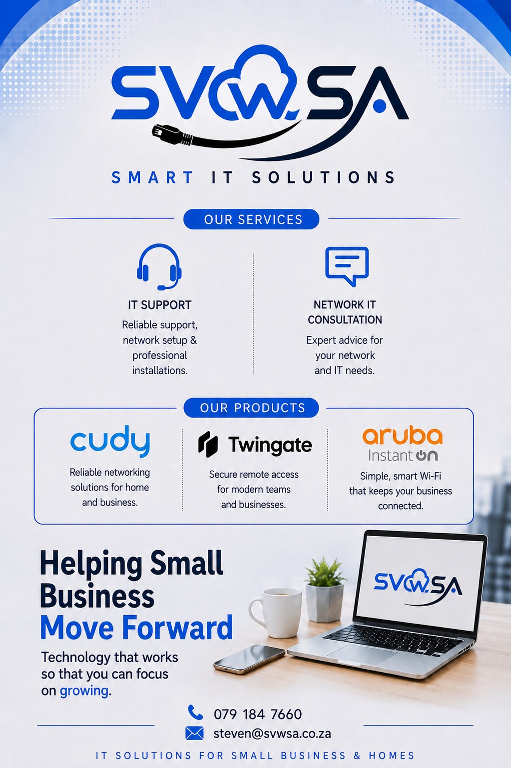 SVWSA — Smart IT Solutions flyer showing services, products and contact details